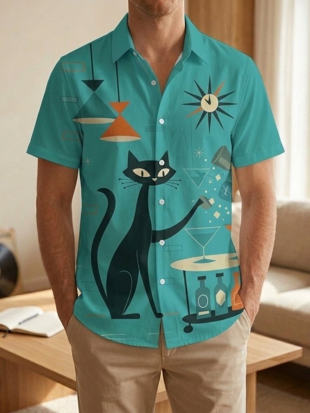 Midnight Cat Art Resort Shirt • Retro Teal Print • Unisex Casual Button‑Up - Picture 2 of 5